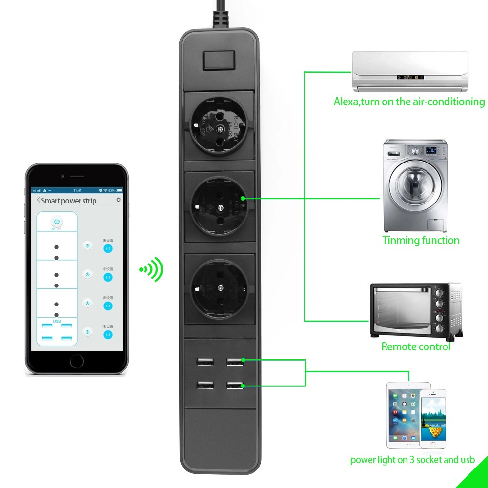 Wifi Power Strip Surge Protector EU Sockets Timer Voice Rem