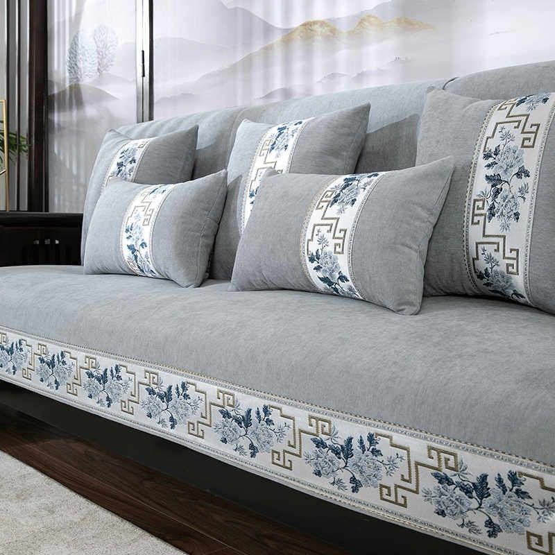 新中式沙发垫实木冬季加厚毛绒防滑皮沙发坐垫子简约套罩