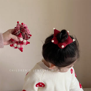 女童酒红格星星飘带小号套圈宝宝丸子头花发圈发绳小女孩新年头绳