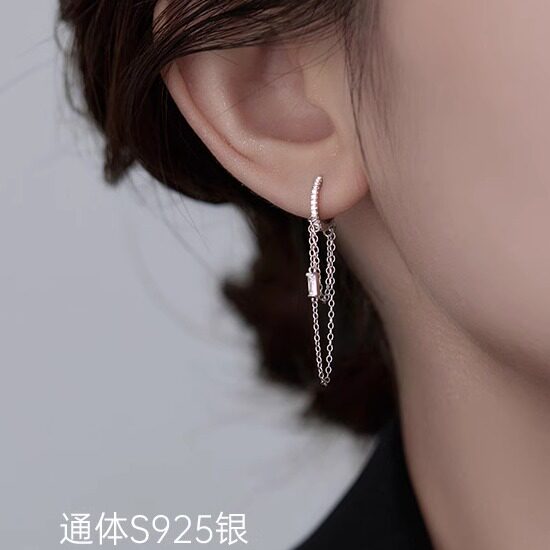 S925纯银足圆形链条流苏耳扣耳钉