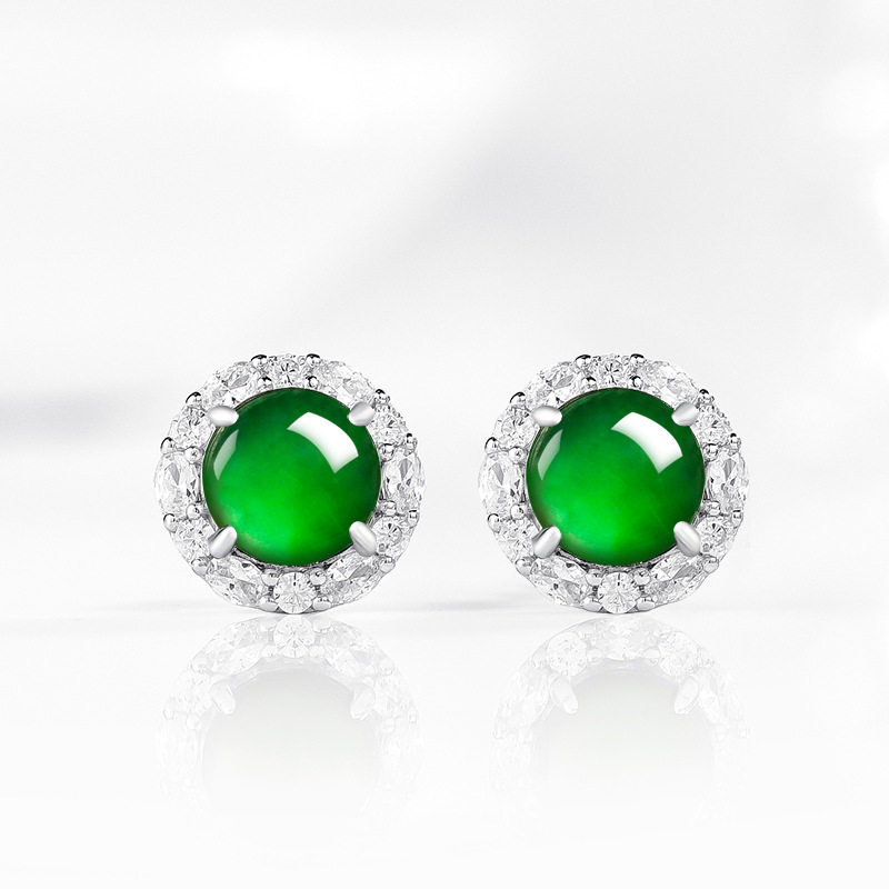 翠莹福天然A货翡翠蛋面阳绿蛋面耳钉冰种玉石S925银镶女耳饰D229