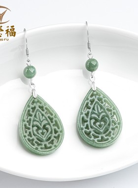 翠莹福天然A货翡翠复古镂空刻花耳环豆种S925银镶女款耳坠D375