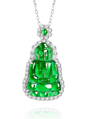 翠莹福天然a货翡翠阳绿小观音冰种玉石S925银镶吊坠挂件玉坠D1122