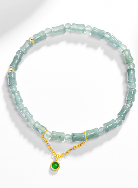 翠莹福高档天然A货翡翠蓝水竹节手链S925银镶冰种玉女款时尚D413