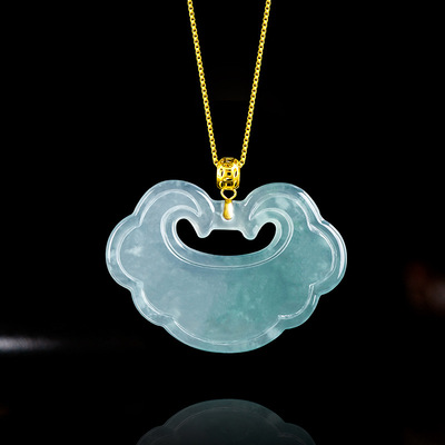 翠莹福天然A货翡翠蓝水如意锁吊坠18K金扣镶嵌冰种玉石女款D814