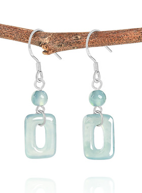 翠莹福天然A货翡翠蓝水方形几何环S925银镶冰种玉石女款耳饰D1138