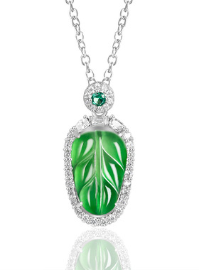 翠莹福天然A货翡翠树叶阳绿冰种玉石吊坠S925银玉坠女款项链D321
