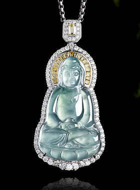 翠莹福天然a货翡翠蓝水观音S925银冰种玉石吊坠男女时尚挂件D880