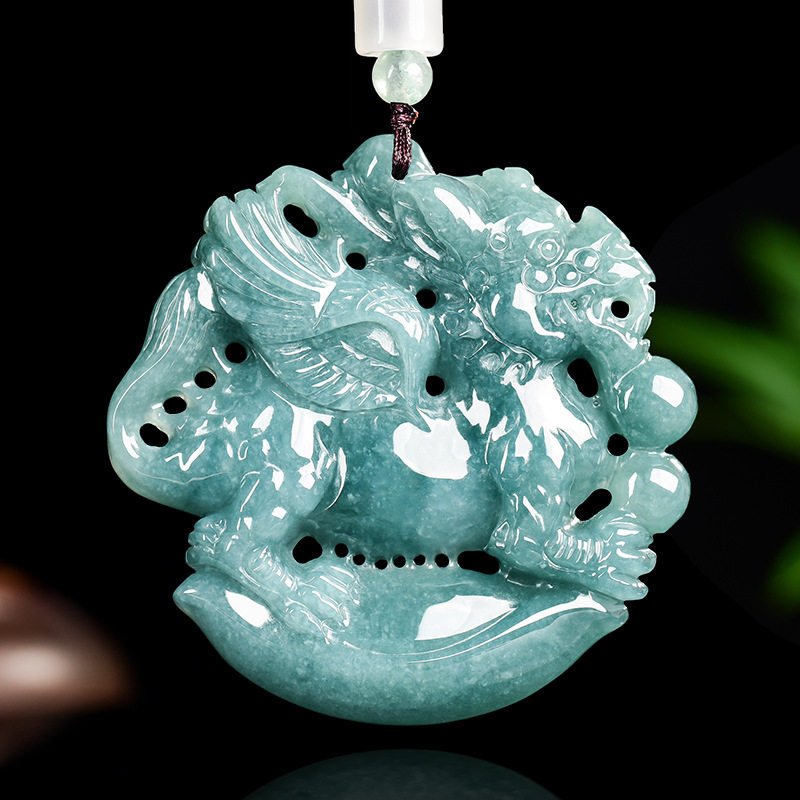天然A货翡翠蓝水立体飞天麒麟链