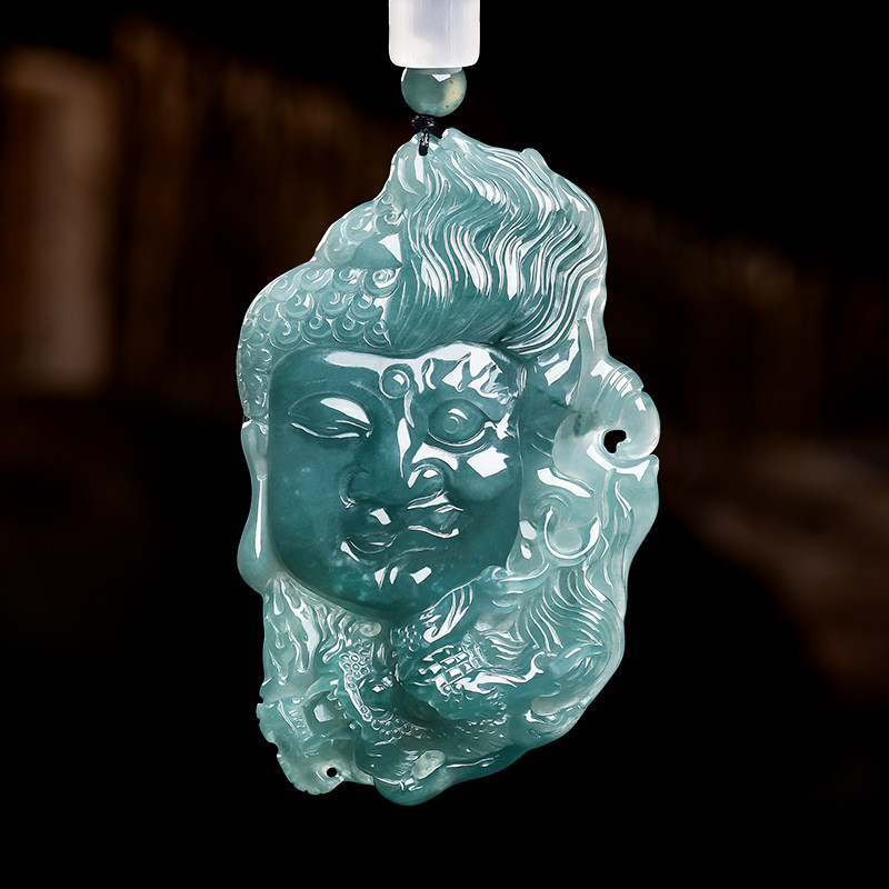翠莹福天然A货翡翠蓝水一念成魔玉石吊坠糯冰种男士降龙佛像E074