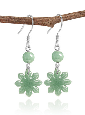 翠莹福S925银镶天然A货翡翠豆绿太阳花耳环豆种玉石古风耳饰D1084