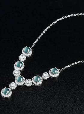 翠莹福高档天然A货翡翠蓝水蛋面吊坠S925银冰种玉石时尚套链D150