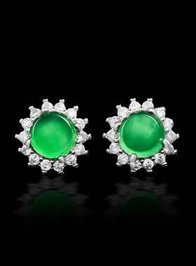 翠莹福高档天然A货翡翠阳绿太阳花耳钉玉石S925银镶嵌女款  D986