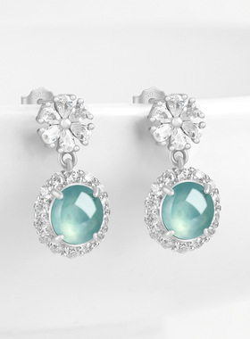 翠莹福天然A货翡翠蓝水蛋面耳钉冰种玉石S925银镶女款耳饰D640