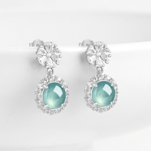 翠莹福天然A货翡翠蓝水蛋面耳钉冰种玉石S925银镶女款 耳饰D640