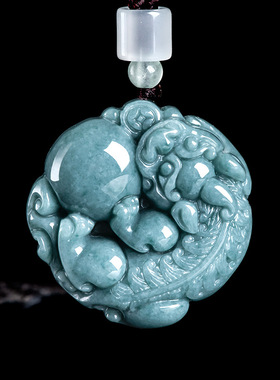 翠莹福天然A货翡翠蓝水通财金钱貔貅冰种玉石吊坠男士女款 PX29