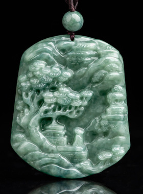 翠莹福天然a货翡翠豆绿山水牌双面雕工玉石吊坠挂件玉佩男款SS03