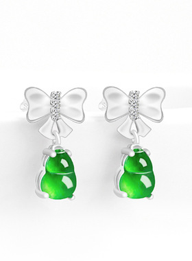 翠莹福天然A货翡翠阳绿葫芦蝴蝶结耳钉冰种玉石时尚女士耳饰D665