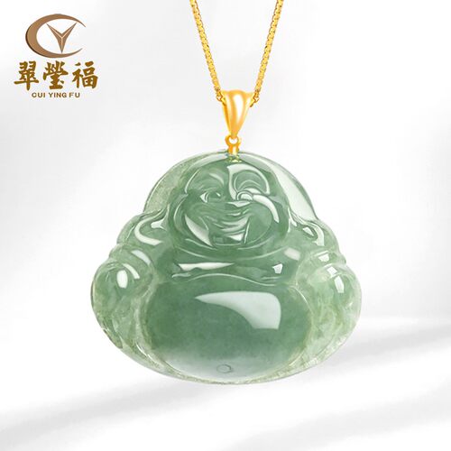 翠莹福缅甸翡翠佛公吊坠18K金镶