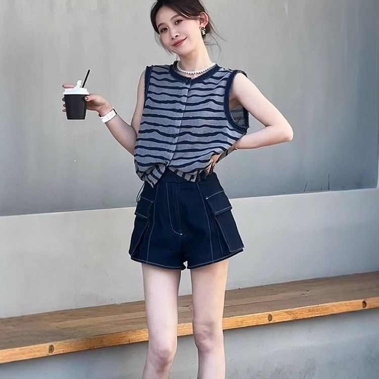 夏季套装女中大童条纹无袖上衣搭配显瘦牛仔短裤两件套装2025新款