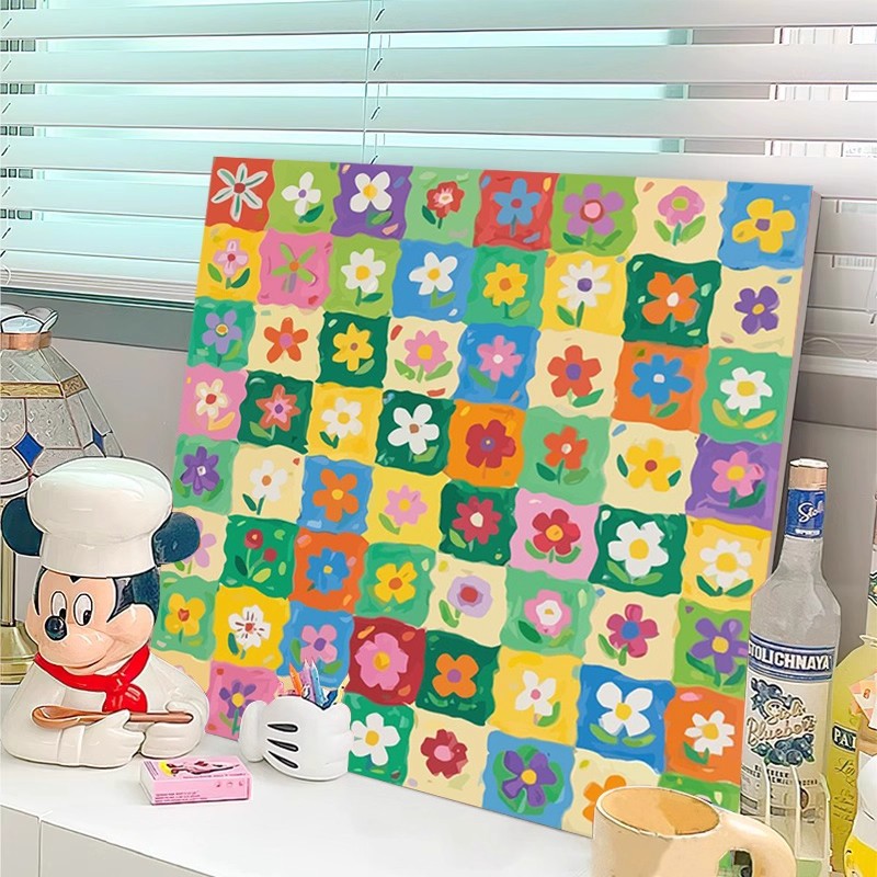 治愈格子花卉数字油画diy自己小尺寸卡通油彩装饰画手工涂色丙烯图片