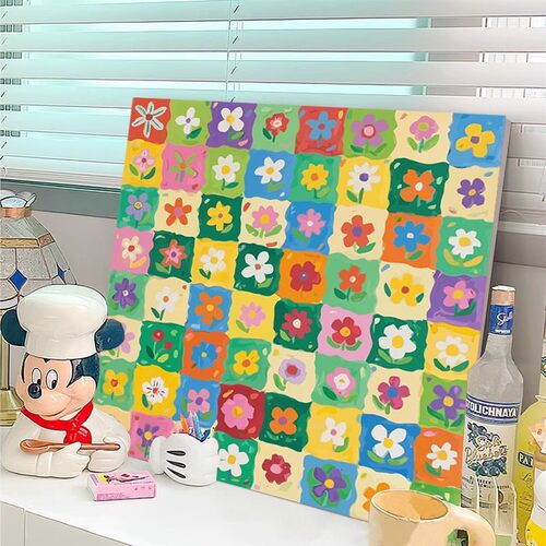 治愈格子花卉数字油画diy自己小尺寸卡通油彩装饰画手工涂色丙烯