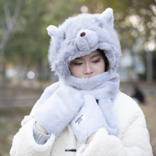 小狗熊可爱毛绒帽子围巾手套三合一女冬季保暖加绒防寒护耳雷锋帽