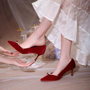 酒红色高跟鞋婚鞋秀禾婚纱两穿新娘鞋女冬季绒面敬酒鞋结婚不累脚