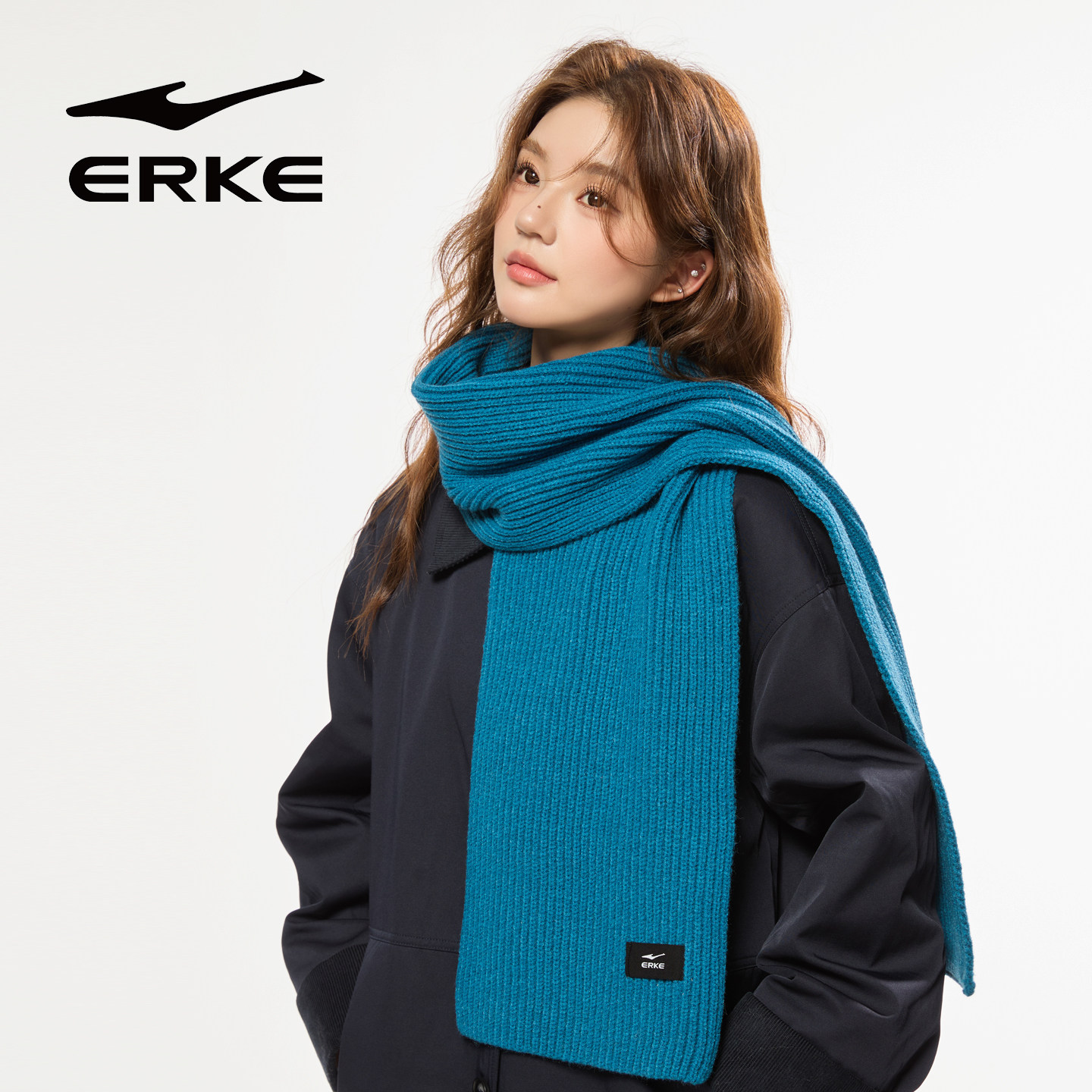 鸿星尔克2025新品围巾秋冬蓝色毛线加厚保暖围脖学生百搭女情侣男