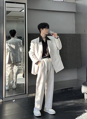 Hualun冷淡系休闲西装高级套装男帅气潮流痞帅男装双排扣西服外套