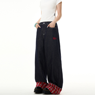 FLYOFF原创红色格子拼接卷边牛仔裤小众复古情侣阔腿直筒拖地裤子