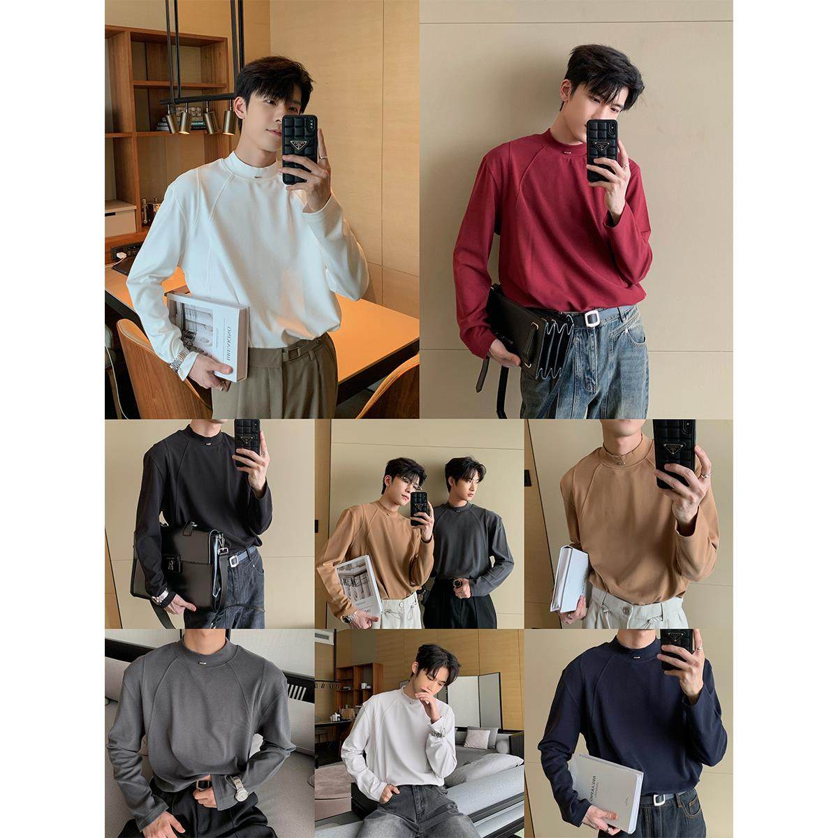 Hualun春秋半高领白色T恤男长袖oversize百搭打底衫潮ins休闲上衣,男装,T恤,淘宝优惠券,粉丝福利购,淘宝优惠卷