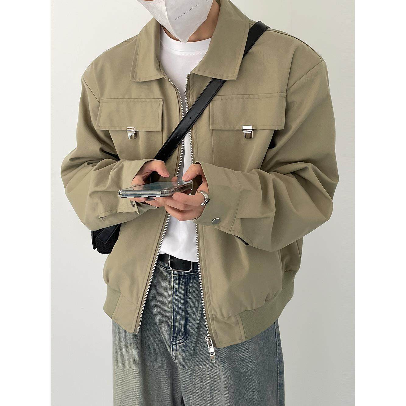 SF/秋春新韩版时髦潮气质复古飞机服夹克男士宽松版垫肩翻领外套