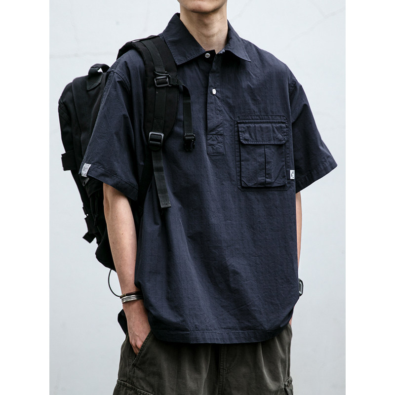 日系复古工装套头短袖衬衫男夏季潮牌户外潮流宽松休闲衬衣外套潮
