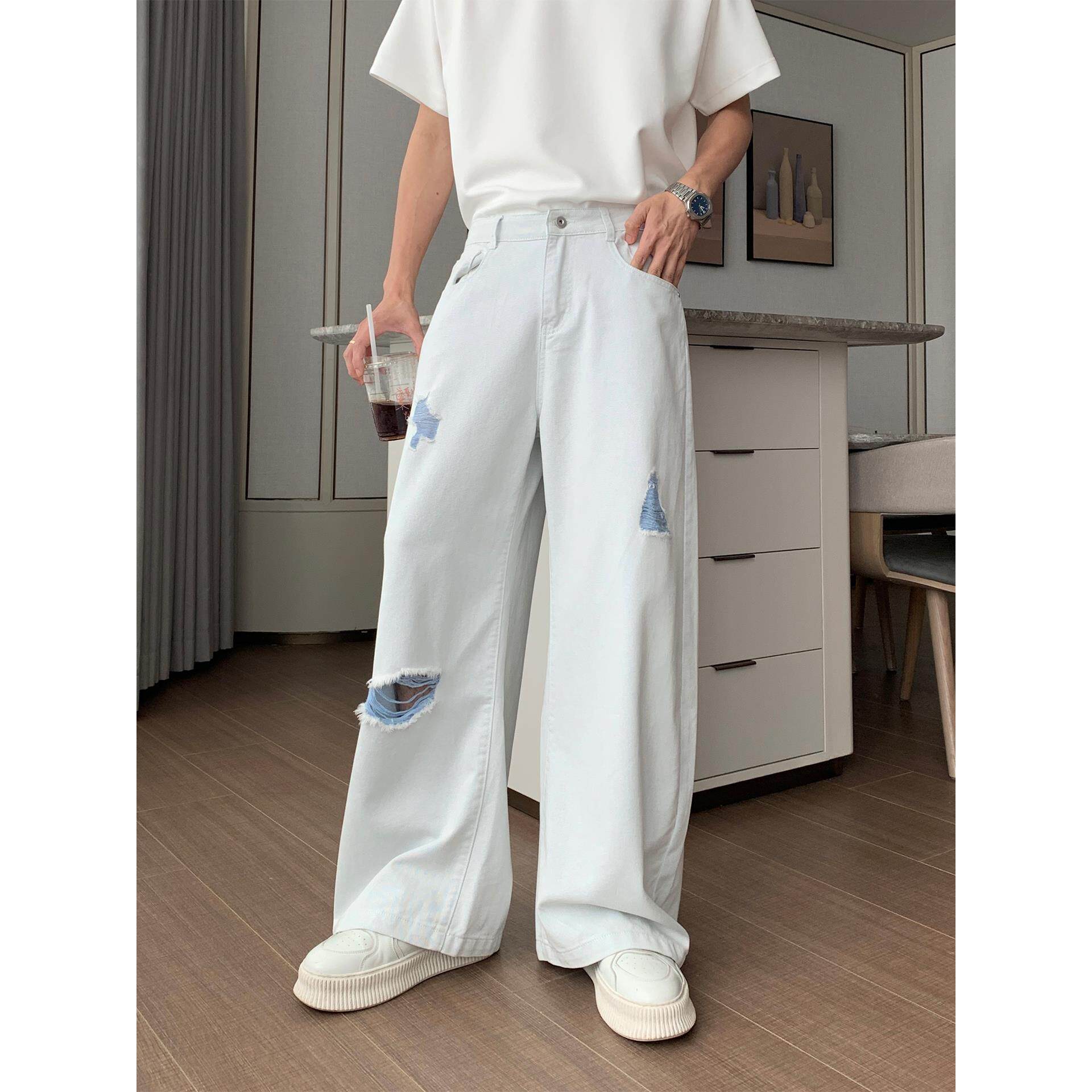 Hualun夏季浅色破洞牛仔裤男夏薄款宽松微喇裤子ins潮牌百搭男裤