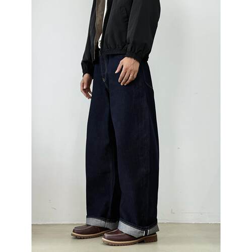 BurnBro美式覆古丹宁原牛赤耳红边牛仔裤男潮牌宽松直筒休闲长裤