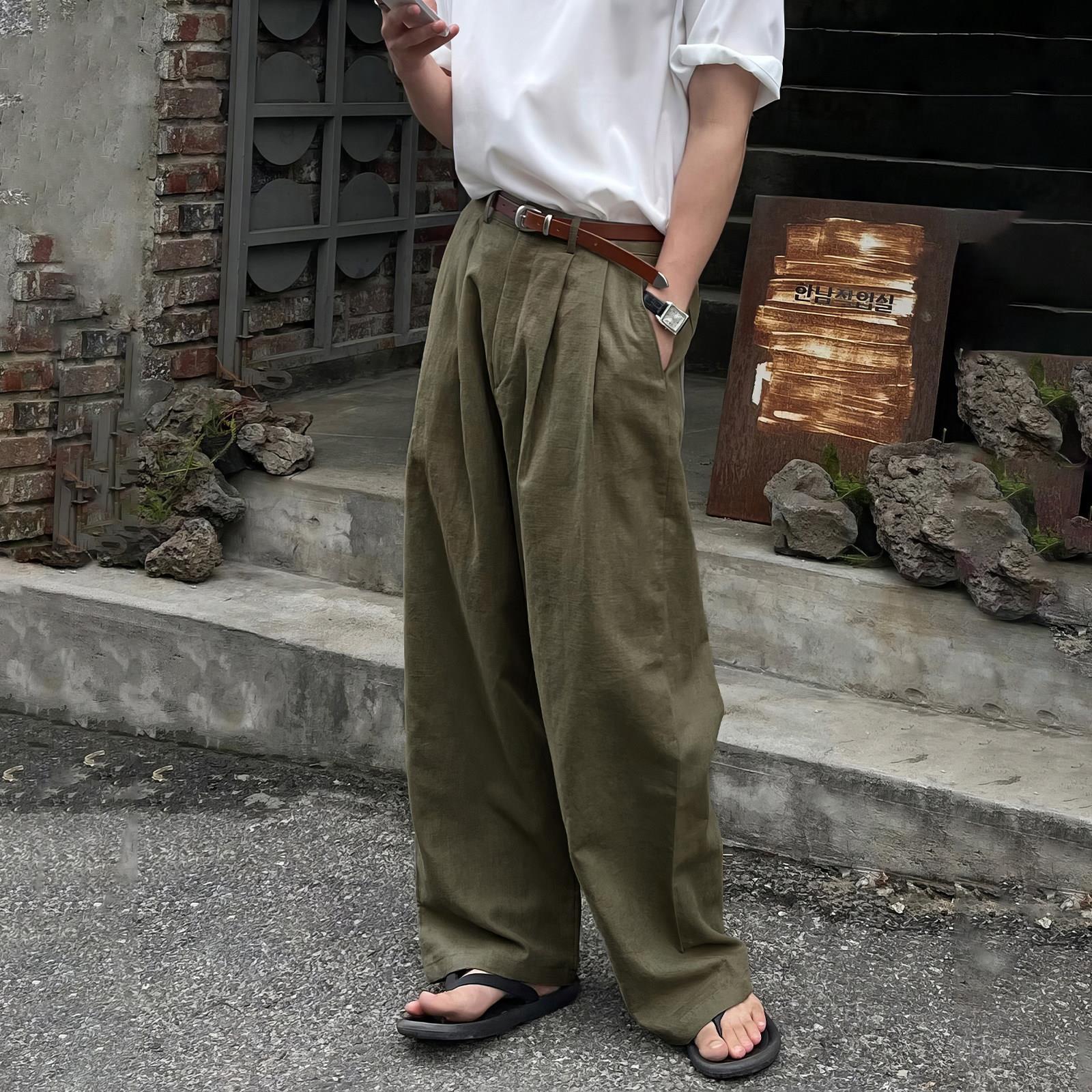 亚麻大尺码西装裤男士夏季宽松直筒慵懒休闲裤阔腿长裤子高级感西