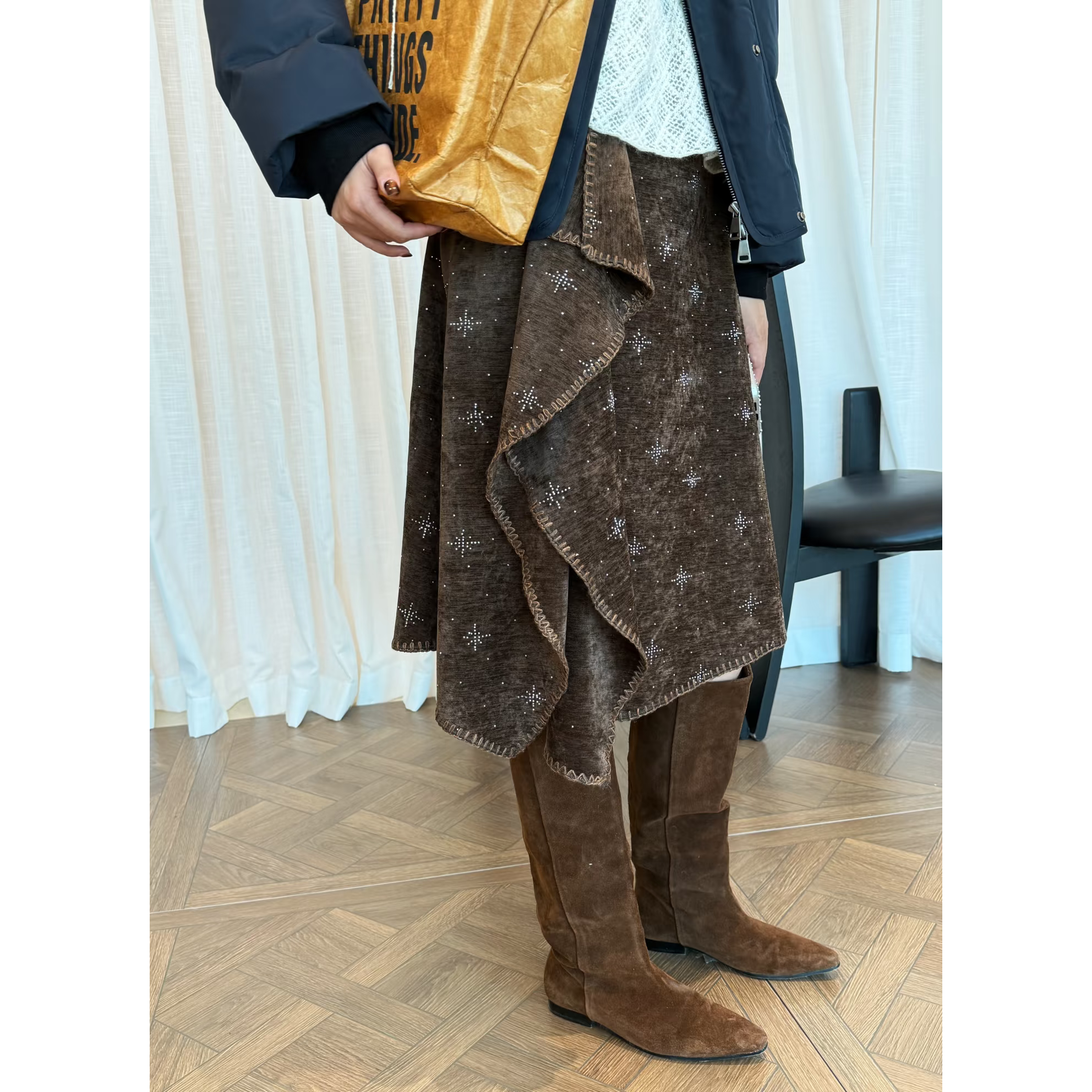 Vena Label重工钉珠半身裙女25FW秋冬新款不规则复古中长款裙子,女装/女士精品,时尚套装,淘宝优惠券,粉丝福利购,淘宝优惠卷