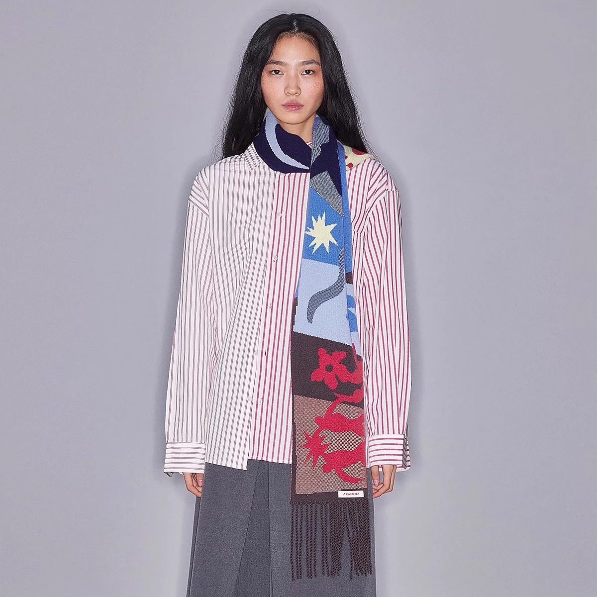 撞色图腾流苏针织羊毛围巾