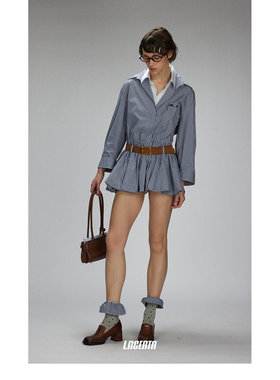 【田曦薇同款LACERTA】2025新品细格纹双领长袖低腰衬衫连衣裙