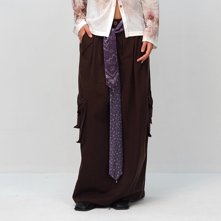 褶量垂感工装开衩直筒长半裙