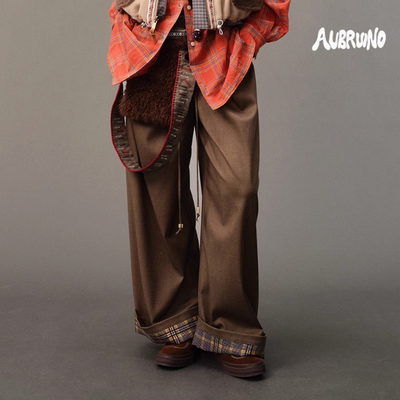 【国内代购】AUBRUINO 25秋冬款复古宽松通勤随性抽绳刺绣高腰裤