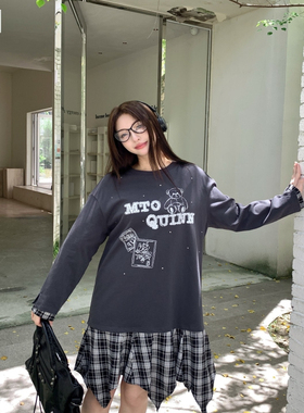 【正品特惠】Mto Quinn 秋季新款 烫钻印花拼接灰色长袖T恤