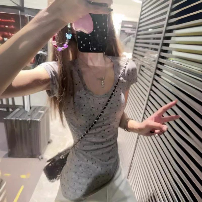 纯欲长袖微透春季波点薄款ins女罩衫修身上衣复古性感T恤防晒