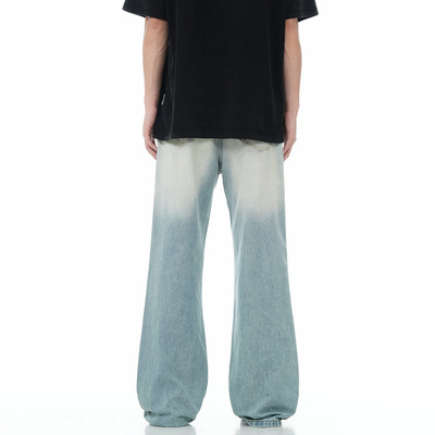 11KN美式微喇牛仔裤男女海天蓝破洞水洗复古显瘦宽松修身休闲长裤