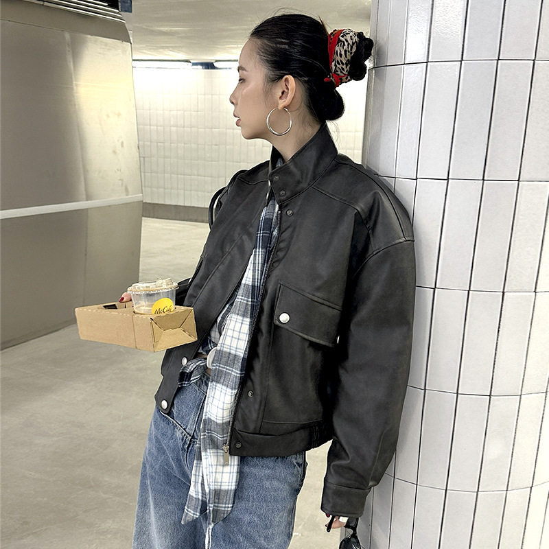 MMFISH时髦街头美式复古洗水立领夹克机车风短皮衣外套,女装/女士精品,皮衣,淘宝优惠券,粉丝福利购,淘宝优惠卷