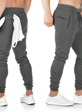 新款男士健身运动束脚长裤训练跑步弹力修身松紧系带小脚卫裤秋季