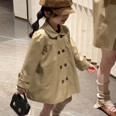 女童风衣2026春秋装亲子装风衣外套韩系翻领双排扣蝴蝶结廓形风衣