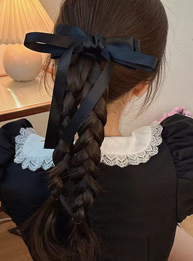 千金少女感黑色蝴蝶结鸭嘴夹后脑勺盘发卡法式复古半扎发飘带发夹
