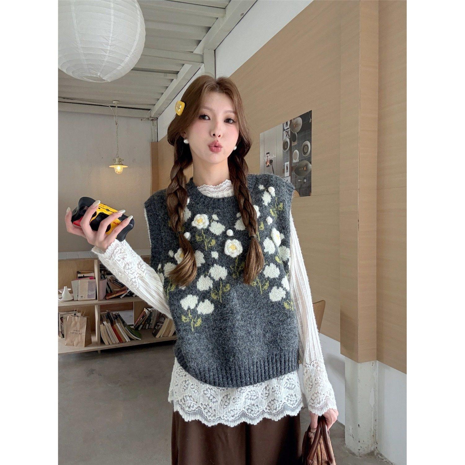 胖薯大码韩系时尚叠穿针织马甲女秋季花朵少女感休闲甜美短款马夹,女装/女士精品,毛针织衫,淘宝优惠券,粉丝福利购,淘宝优惠卷